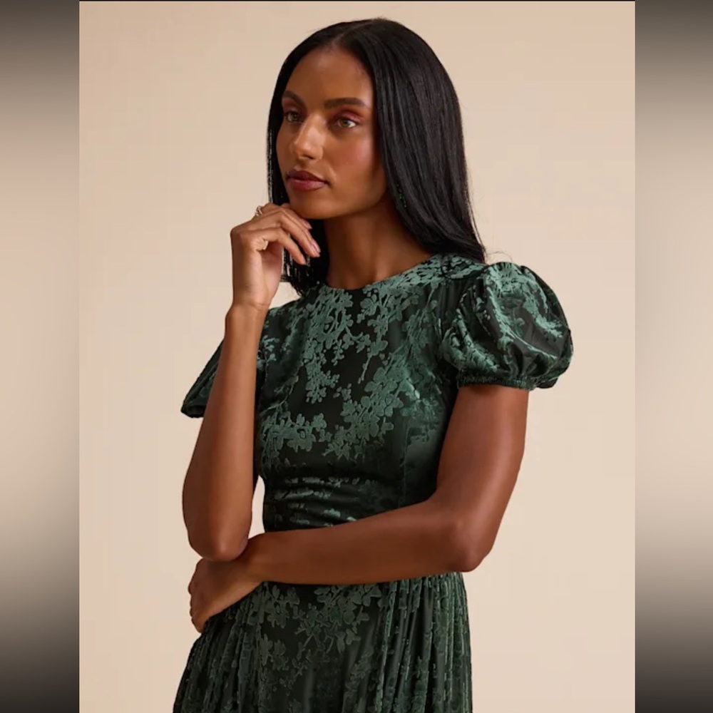 ❤️‍🔥BOGO FREE Lulu’s Arlie Emerald Green Velvet Puff Sleeve Midi Dress XL Velour - Picture 2 of 4